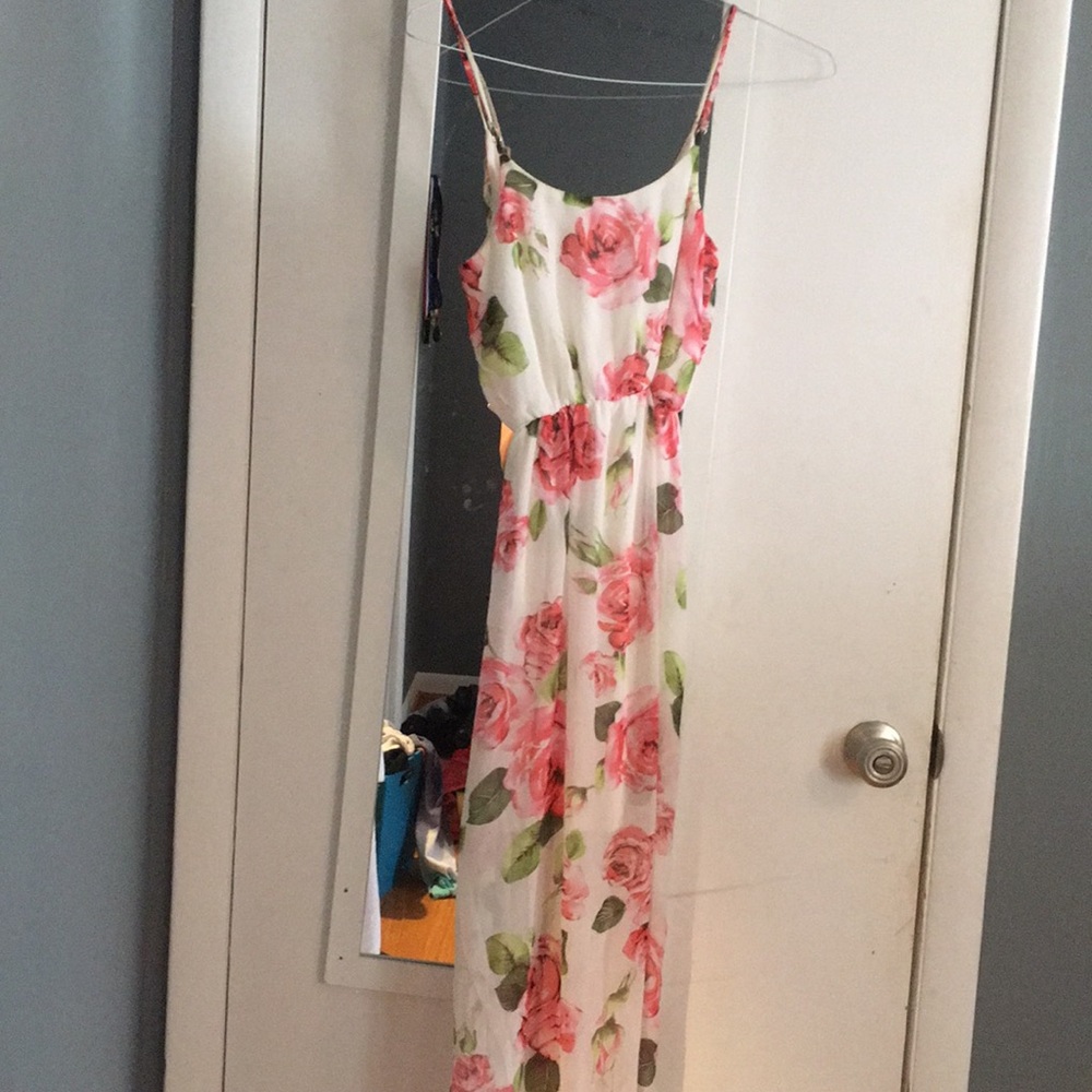 white lush maxi dress with pink roses
